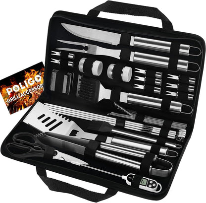 29 PCS BBQ Grill Accessories Stainless Steel BBQ Tools Grilling Tools Set with Storage Bag for Fathers Day Dads Birthday Presents - Camping Grill Utensils Set Ideal Grilling Gift for Men Silver